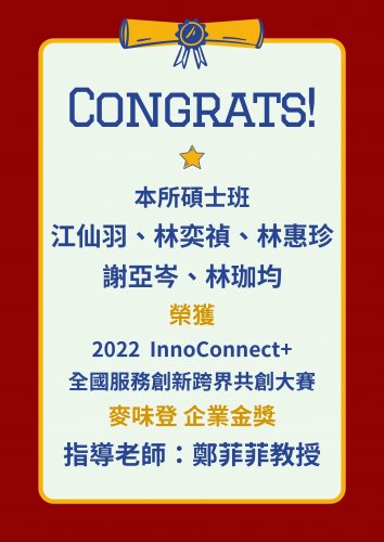 賀～本所碩士班 江仙羽、林奕禎、林惠珍 謝亞岑、林珈均 榮獲 2022 InnoConnect+ 全國服務創新跨界共創大賽 麥味登 企業金獎 指導老師：鄭菲菲教授