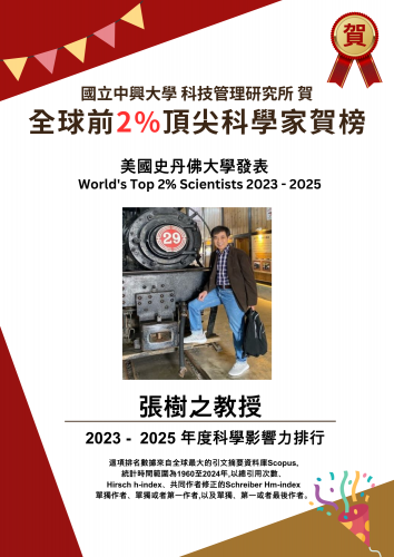 賀榜~張樹之教授入選2023~2025年度科學影響力排行 全球前2%頂尖科學家